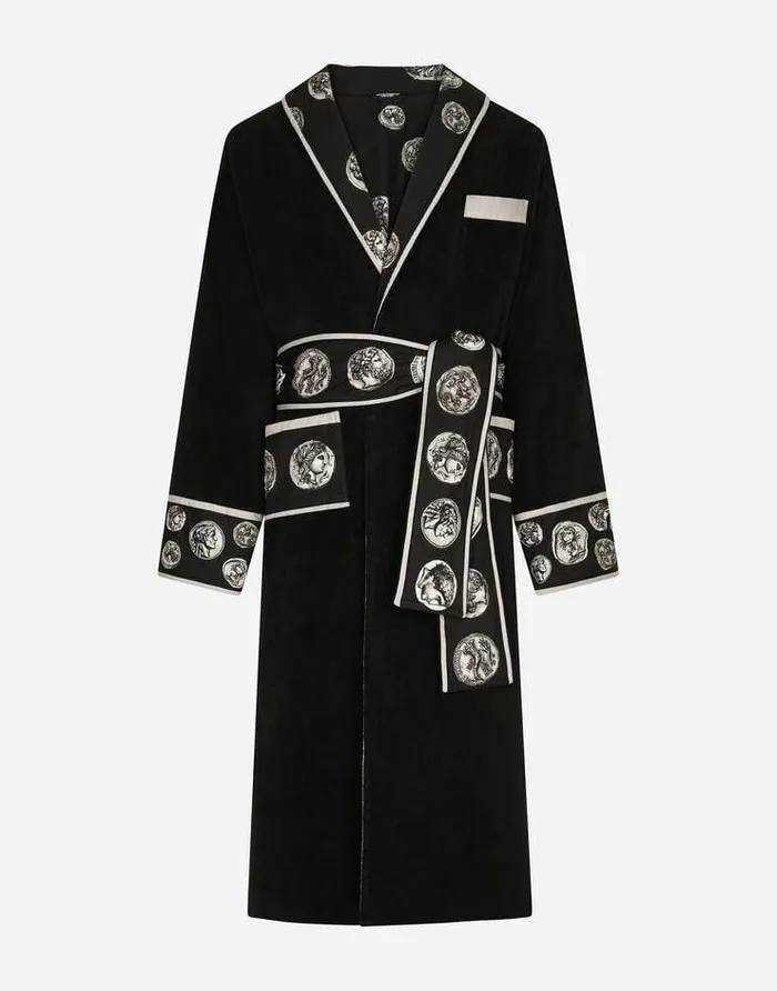 Dolce and Gabbana Beachwear Men Cotton Bathrobe With Coin Print Details Black
