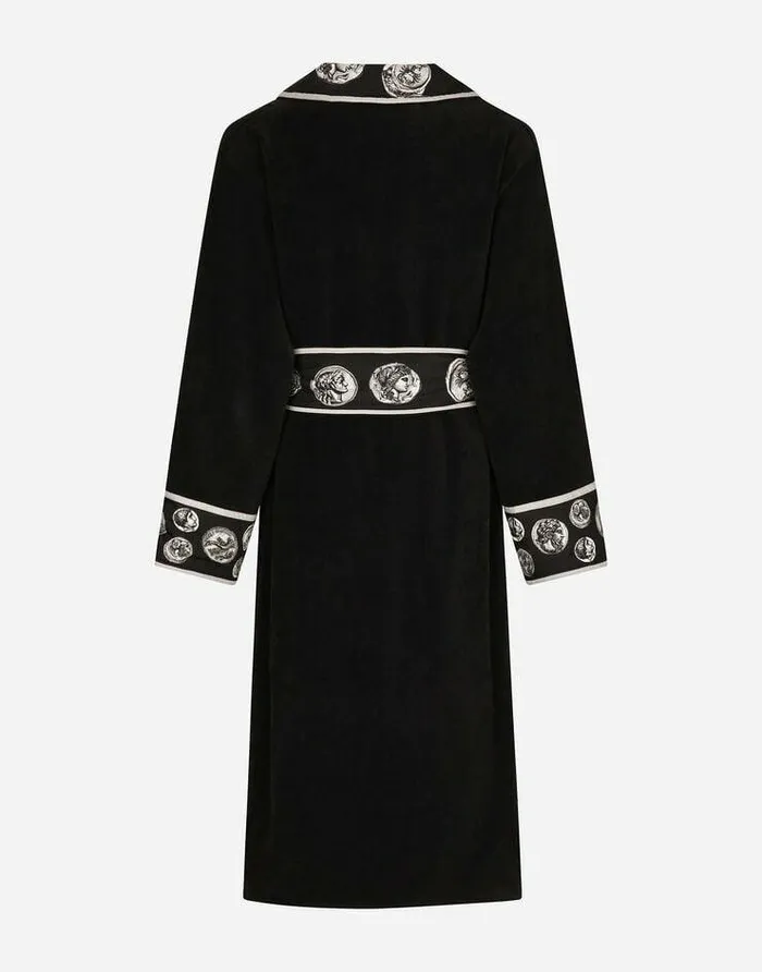 Dolce and Gabbana Beachwear Men Cotton Bathrobe With Coin Print Details Black
