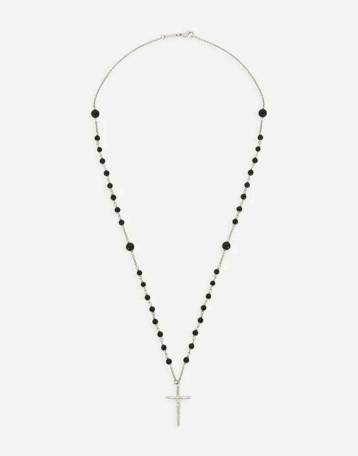 Dolce and Gabbana Bijoux Men Necklace With Natural Stones And Cross Pendant Multicolor