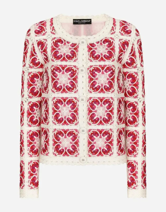 Dolce and Gabbana Blazers Women Brickstitched Crochet Cardigan With Majolica Print Multicolor Dolce and Gabbana Blazers Women Brickstitched Crochet Cardigan With Majolica Print Multicolor
