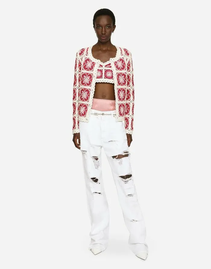 Dolce and Gabbana Blazers Women Brickstitched Crochet Cardigan With Majolica Print Multicolor