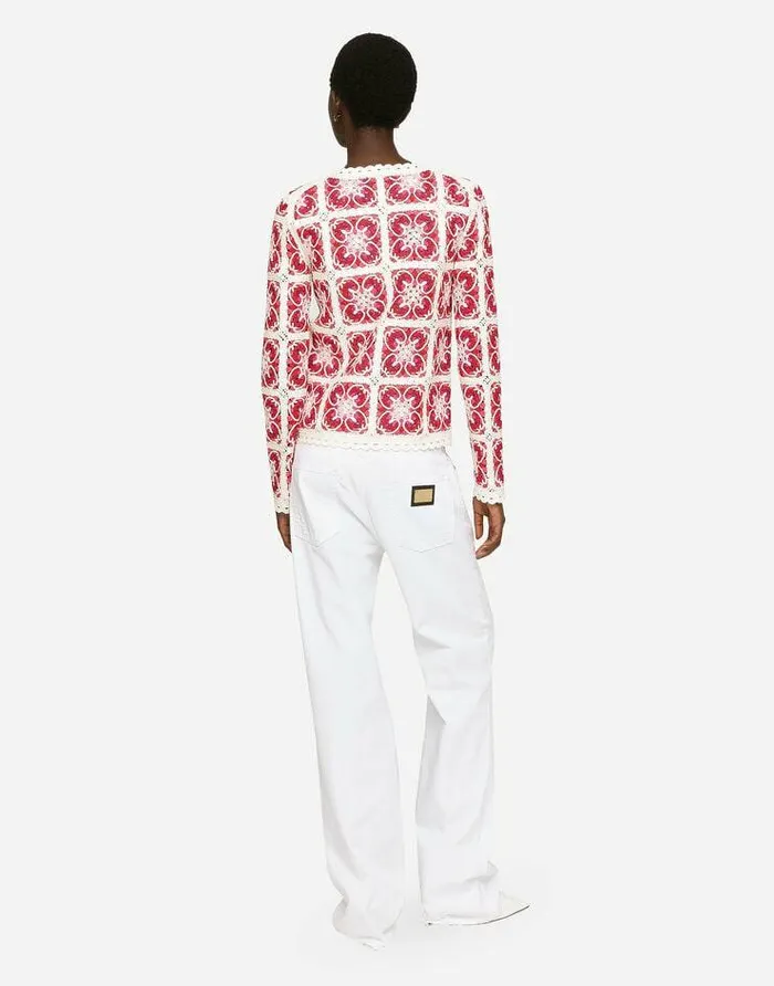 Dolce and Gabbana Blazers Women Brickstitched Crochet Cardigan With Majolica Print Multicolor