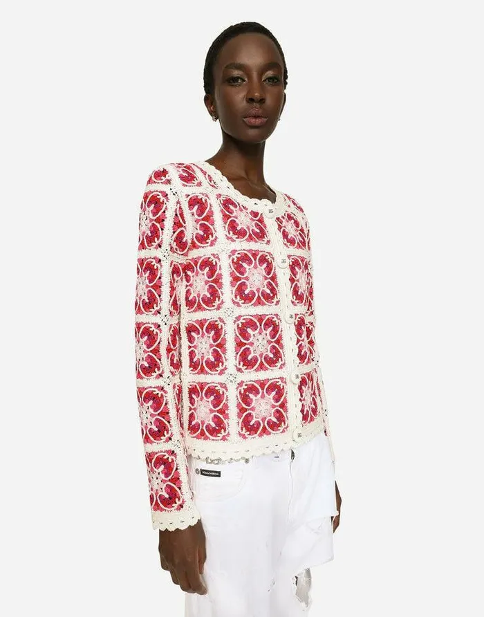Dolce and Gabbana Blazers Women Brickstitched Crochet Cardigan With Majolica Print Multicolor