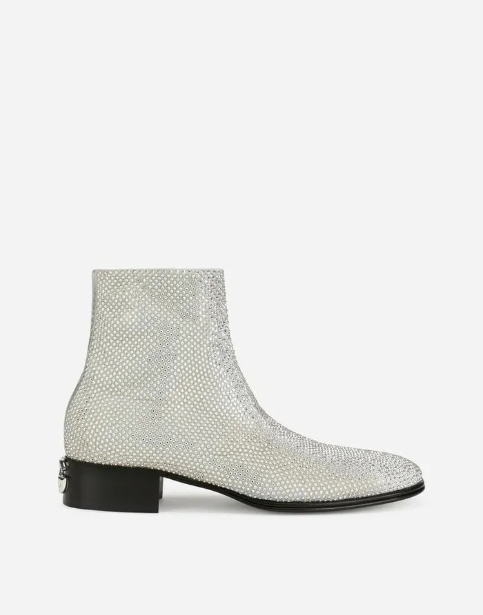 Dolce and Gabbana Boots Men Ankle Boots With Fusible Rhinestones Silver