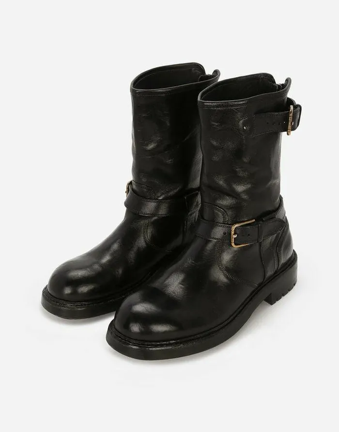 Dolce and Gabbana Boots Men Leather Biker Boots Black