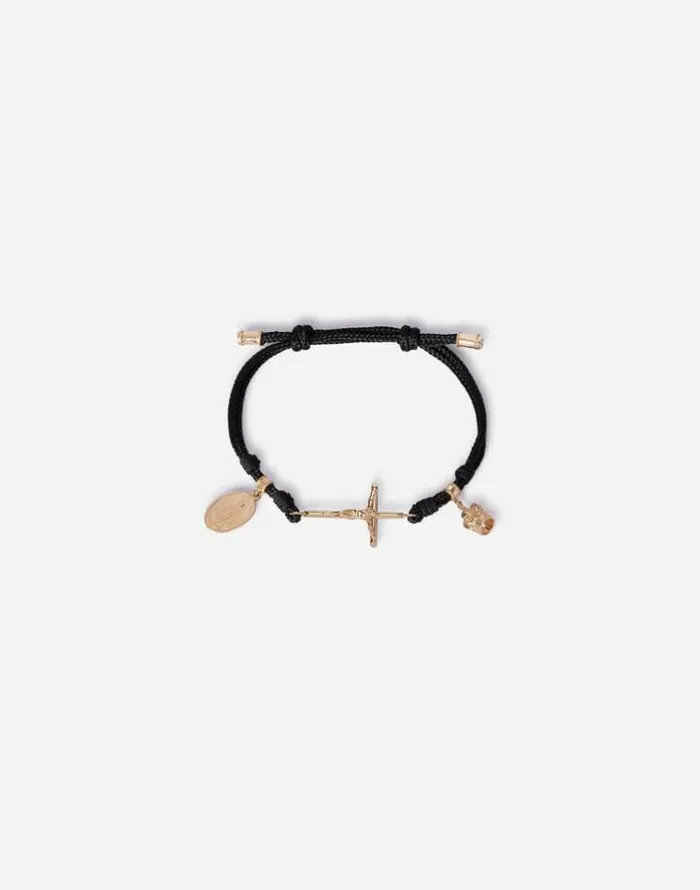 Dolce and Gabbana Bracelets Men Fabric Sicily Bracelet With 18kt Gold Pendant Charms Gold