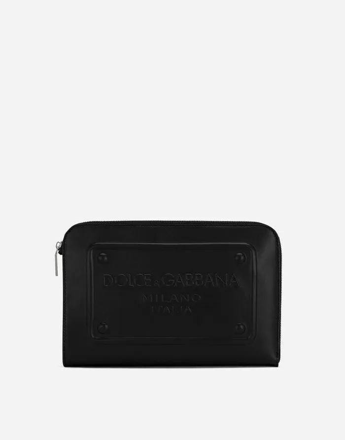 Dolce and Gabbana Briefcase And Clutches Men Small Calfskin Pouch With Raised Logo Black Dolce and Gabbana Briefcase And Clutches Men Small Calfskin Pouch With Raised Logo Black