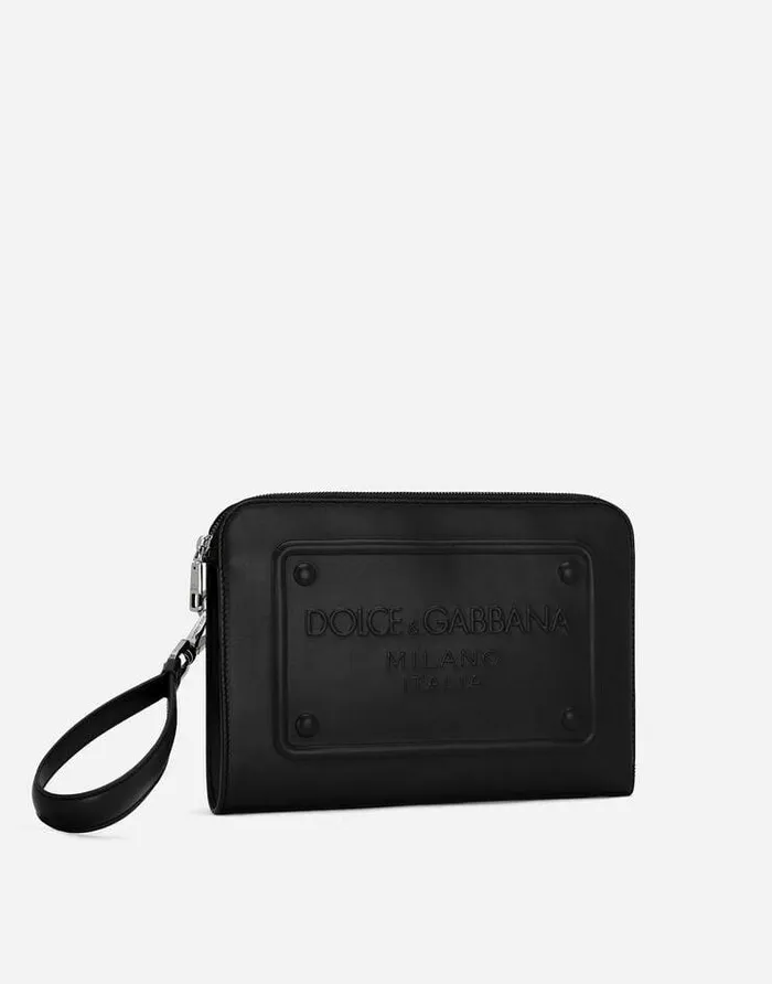Dolce and Gabbana Briefcase And Clutches Men Small Calfskin Pouch With Raised Logo Black Dolce and Gabbana Briefcase And Clutches Men Small Calfskin Pouch With Raised Logo Black