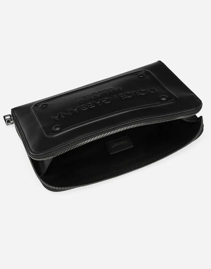 Dolce and Gabbana Briefcase And Clutches Men Small Calfskin Pouch With Raised Logo Black Dolce and Gabbana Briefcase And Clutches Men Small Calfskin Pouch With Raised Logo Black