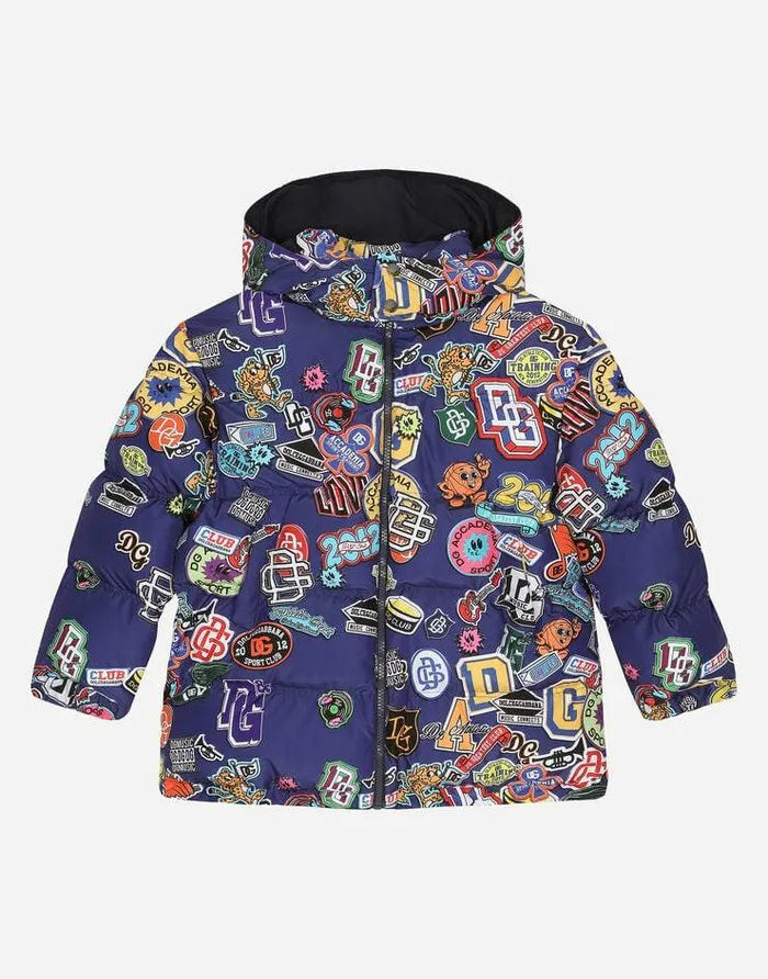 Dolce and Gabbana Coats And Jackets Children Nylon Down Jacket With Hood And Stickers Print Blue Dolce and Gabbana Coats And Jackets Children Nylon Down Jacket With Hood And Stickers Print Blue