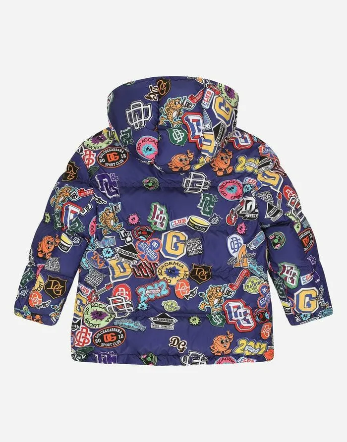 Dolce and Gabbana Coats And Jackets Children Nylon Down Jacket With Hood And Stickers Print Blue Dolce and Gabbana Coats And Jackets Children Nylon Down Jacket With Hood And Stickers Print Blue