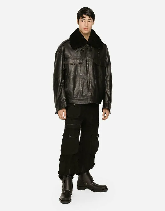 Dolce and Gabbana Coats And Jackets Men Bullskin Jacket With Shearling Details Black