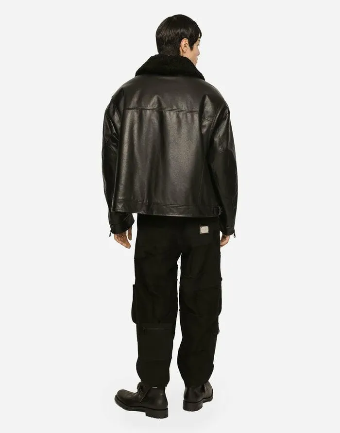 Dolce and Gabbana Coats And Jackets Men Bullskin Jacket With Shearling Details Black