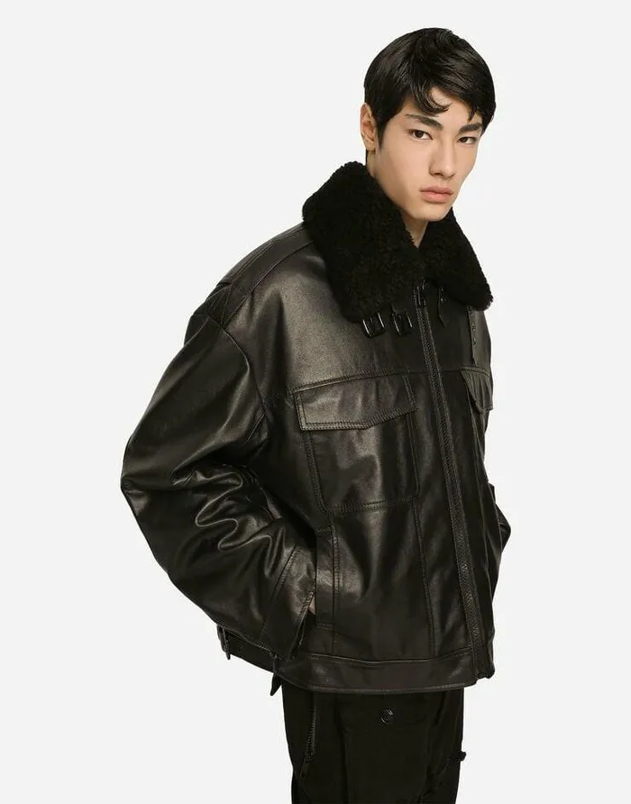 Dolce and Gabbana Coats And Jackets Men Bullskin Jacket With Shearling Details Black