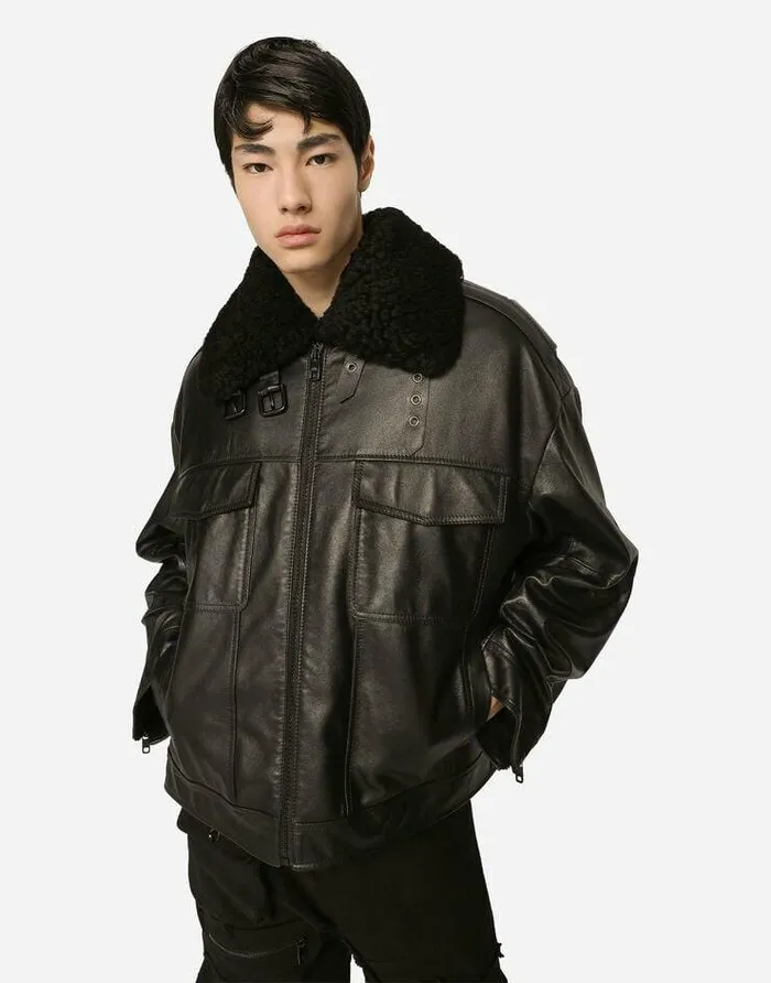 Dolce and Gabbana Coats And Jackets Men Bullskin Jacket With Shearling Details Black