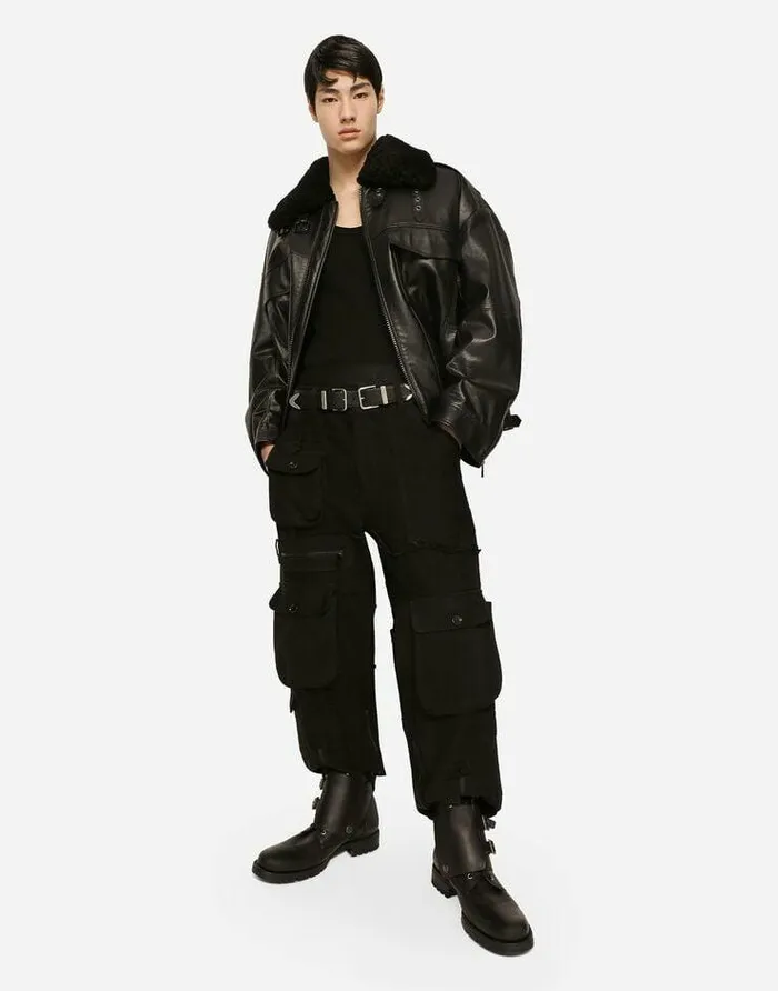 Dolce and Gabbana Coats And Jackets Men Bullskin Jacket With Shearling Details Black