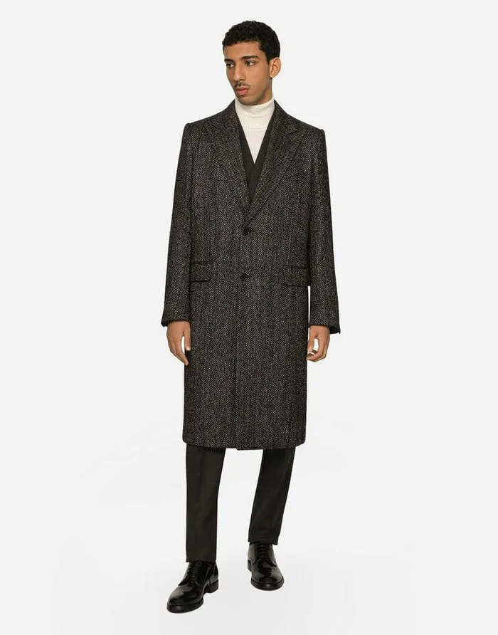 Dolce and Gabbana Coats And Jackets Men Singlebreasted Herringbone Alpaca Wool Coat Multicolor