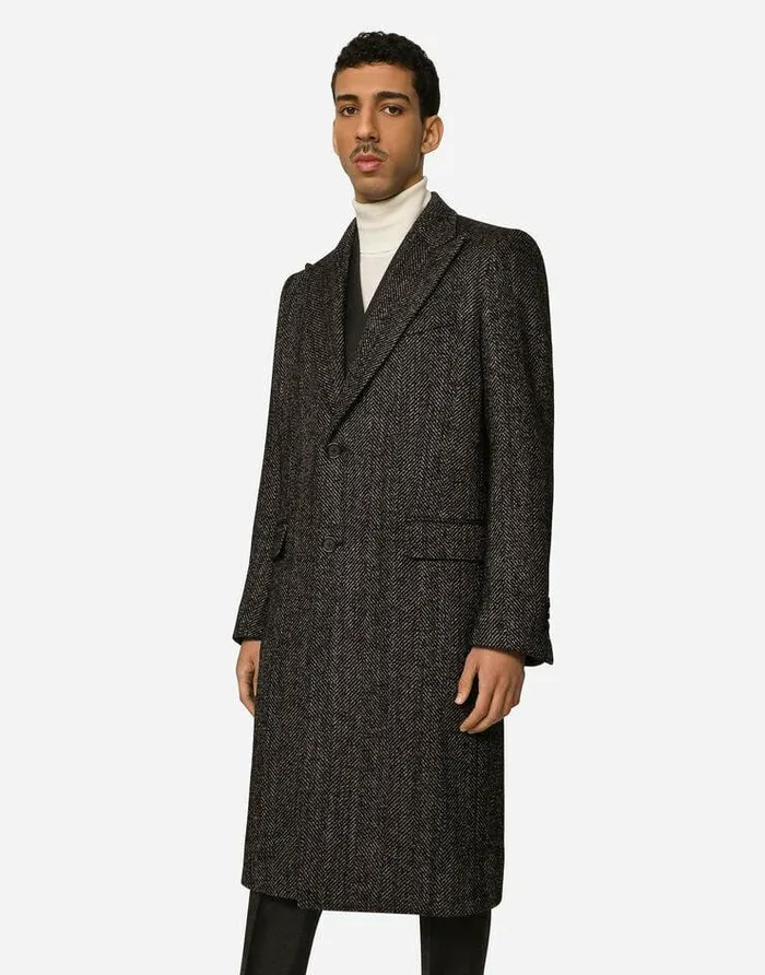 Dolce and Gabbana Coats And Jackets Men Singlebreasted Herringbone Alpaca Wool Coat Multicolor