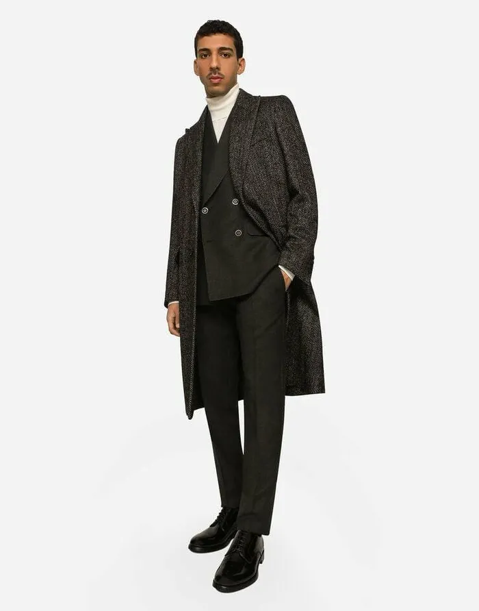 Dolce and Gabbana Coats And Jackets Men Singlebreasted Herringbone Alpaca Wool Coat Multicolor