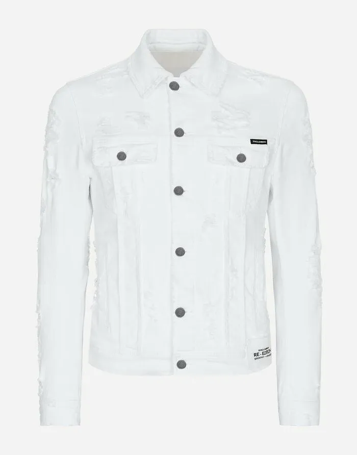 Dolce and Gabbana Coats And Jackets Men White Stretch Denim Jacket Multicolor