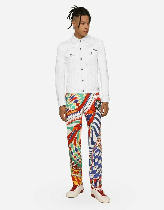 Dolce and Gabbana Coats And Jackets Men White Stretch Denim Jacket Multicolor Dolce and Gabbana Coats And Jackets Men White Stretch Denim Jacket Multicolor