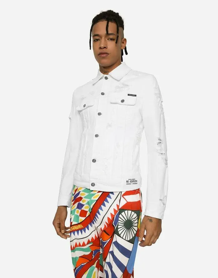 Dolce and Gabbana Coats And Jackets Men White Stretch Denim Jacket Multicolor Dolce and Gabbana Coats And Jackets Men White Stretch Denim Jacket Multicolor
