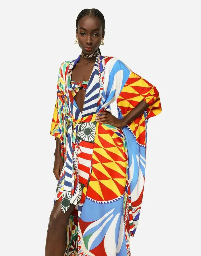 Dolce and Gabbana Coats And Jackets Women Carrettoprint Charmeuse Kimono Multicolor Dolce and Gabbana Coats And Jackets Women Carrettoprint Charmeuse Kimono Multicolor