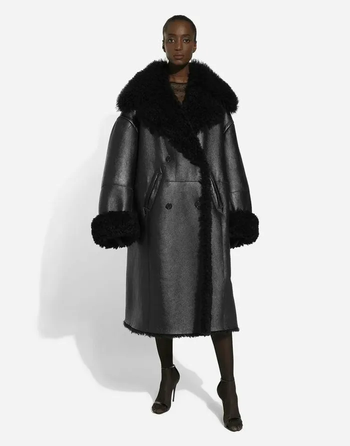 Dolce and Gabbana Coats And Jackets Women Doublebreasted Shearling Coat Black Dolce and Gabbana Coats And Jackets Women Doublebreasted Shearling Coat Black
