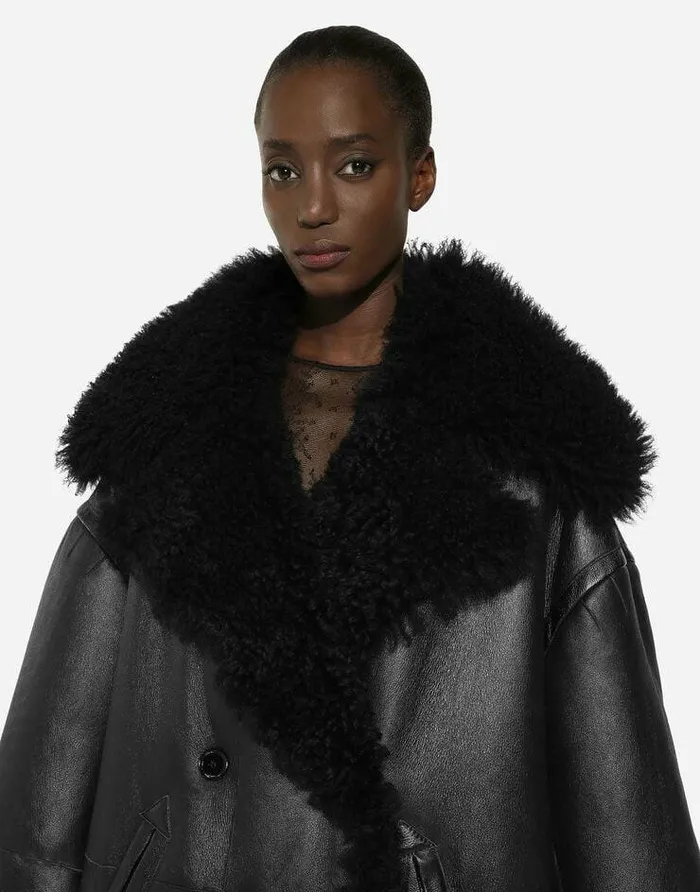 Dolce and Gabbana Coats And Jackets Women Doublebreasted Shearling Coat Black Dolce and Gabbana Coats And Jackets Women Doublebreasted Shearling Coat Black
