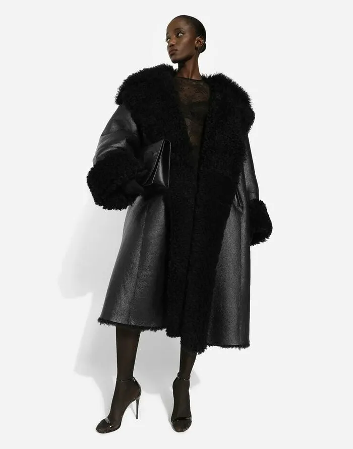 Dolce and Gabbana Coats And Jackets Women Doublebreasted Shearling Coat Black Dolce and Gabbana Coats And Jackets Women Doublebreasted Shearling Coat Black