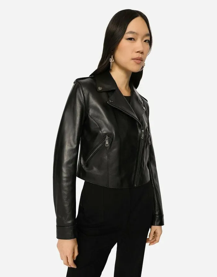 Dolce and Gabbana Coats And Jackets Women Leather Biker Jacket With Tab Details Black Dolce and Gabbana Coats And Jackets Women Leather Biker Jacket With Tab Details Black