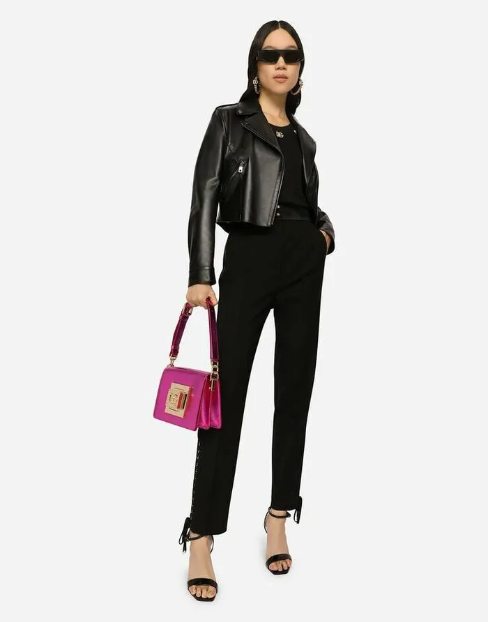 Dolce and Gabbana Coats And Jackets Women Leather Biker Jacket With Tab Details Black Dolce and Gabbana Coats And Jackets Women Leather Biker Jacket With Tab Details Black