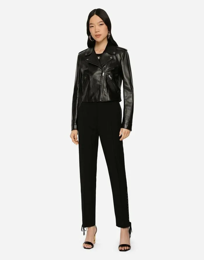 Dolce and Gabbana Coats And Jackets Women Leather Biker Jacket With Tab Details Black Dolce and Gabbana Coats And Jackets Women Leather Biker Jacket With Tab Details Black