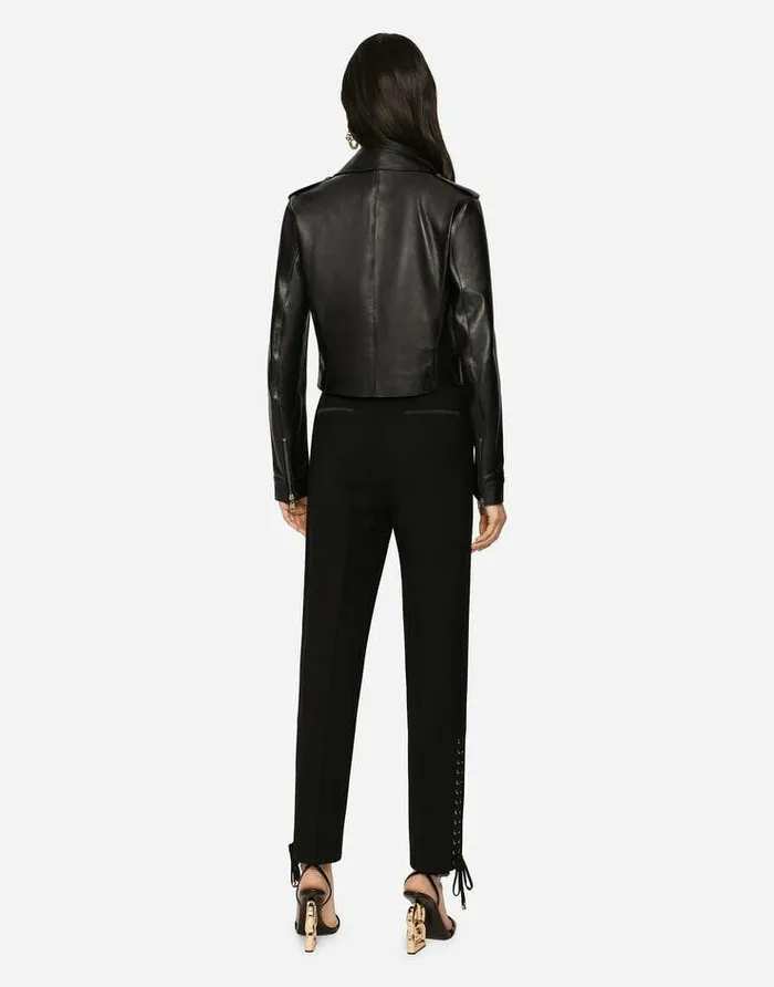 Dolce and Gabbana Coats And Jackets Women Leather Biker Jacket With Tab Details Black Dolce and Gabbana Coats And Jackets Women Leather Biker Jacket With Tab Details Black