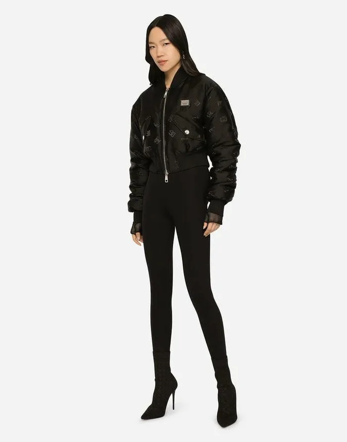 Dolce and Gabbana Coats And Jackets Women Technical Jacquard Bomber Jacket With DG Logo Black Dolce and Gabbana Coats And Jackets Women Technical Jacquard Bomber Jacket With DG Logo Black