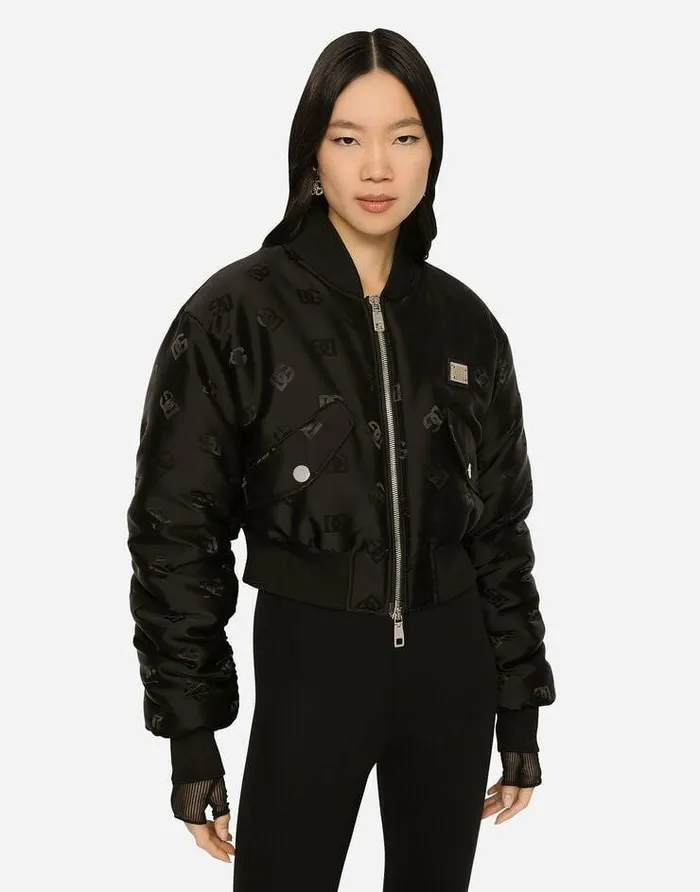 Dolce and Gabbana Coats And Jackets Women Technical Jacquard Bomber Jacket With DG Logo Black Dolce and Gabbana Coats And Jackets Women Technical Jacquard Bomber Jacket With DG Logo Black