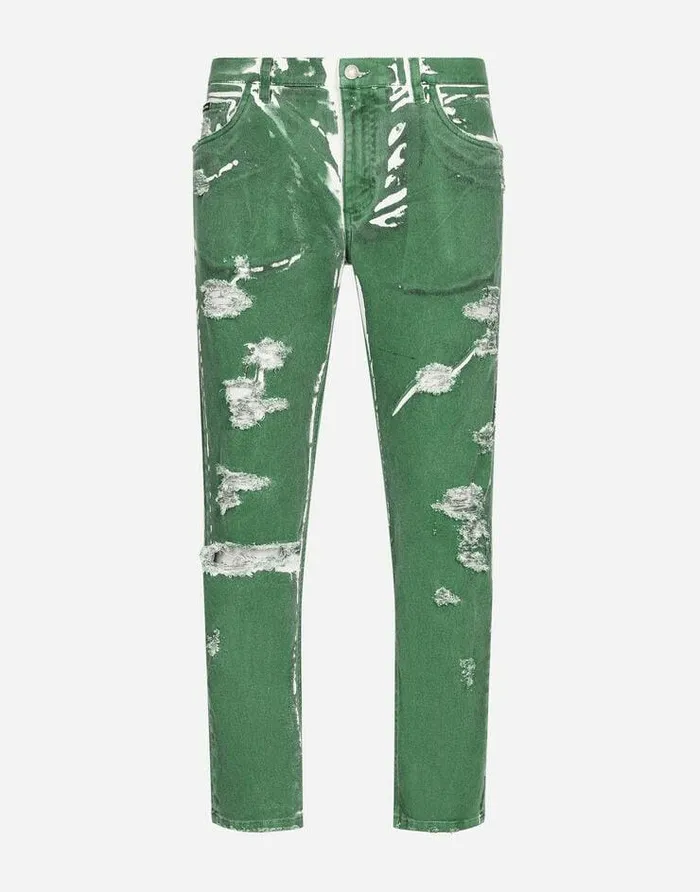 Dolce and Gabbana Denim Men Overdyed Loosefit Stretch Jeans With Abrasions Green Dolce and Gabbana Denim Men Overdyed Loosefit Stretch Jeans With Abrasions Green