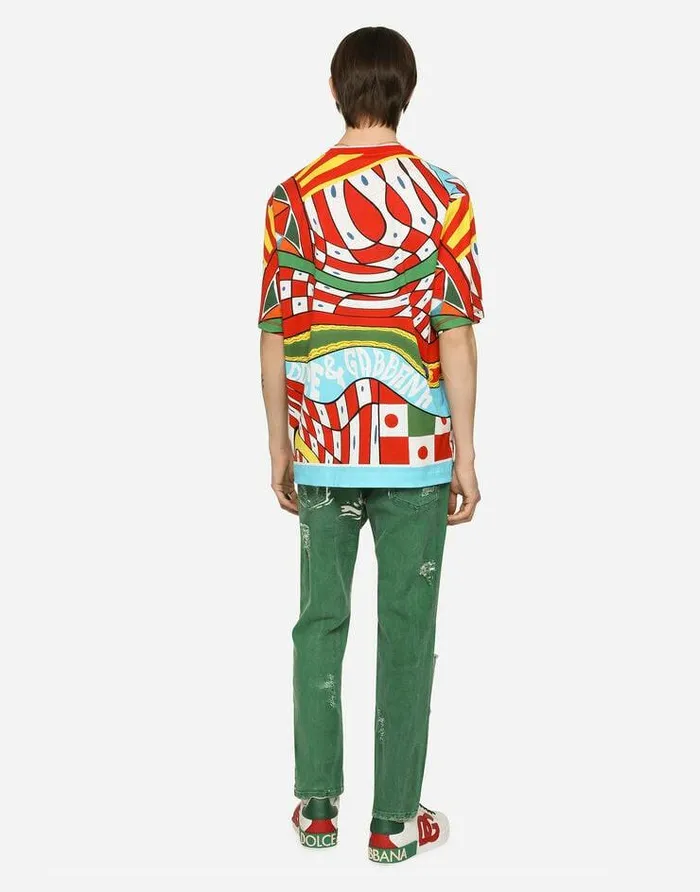 Dolce and Gabbana Denim Men Overdyed Loosefit Stretch Jeans With Abrasions Green Dolce and Gabbana Denim Men Overdyed Loosefit Stretch Jeans With Abrasions Green