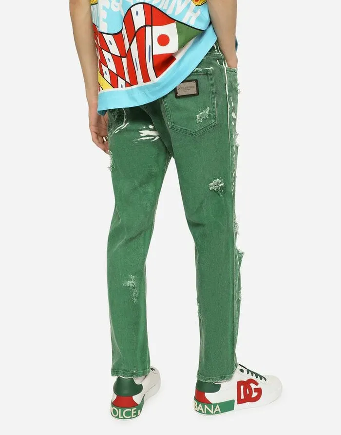 Dolce and Gabbana Denim Men Overdyed Loosefit Stretch Jeans With Abrasions Green Dolce and Gabbana Denim Men Overdyed Loosefit Stretch Jeans With Abrasions Green