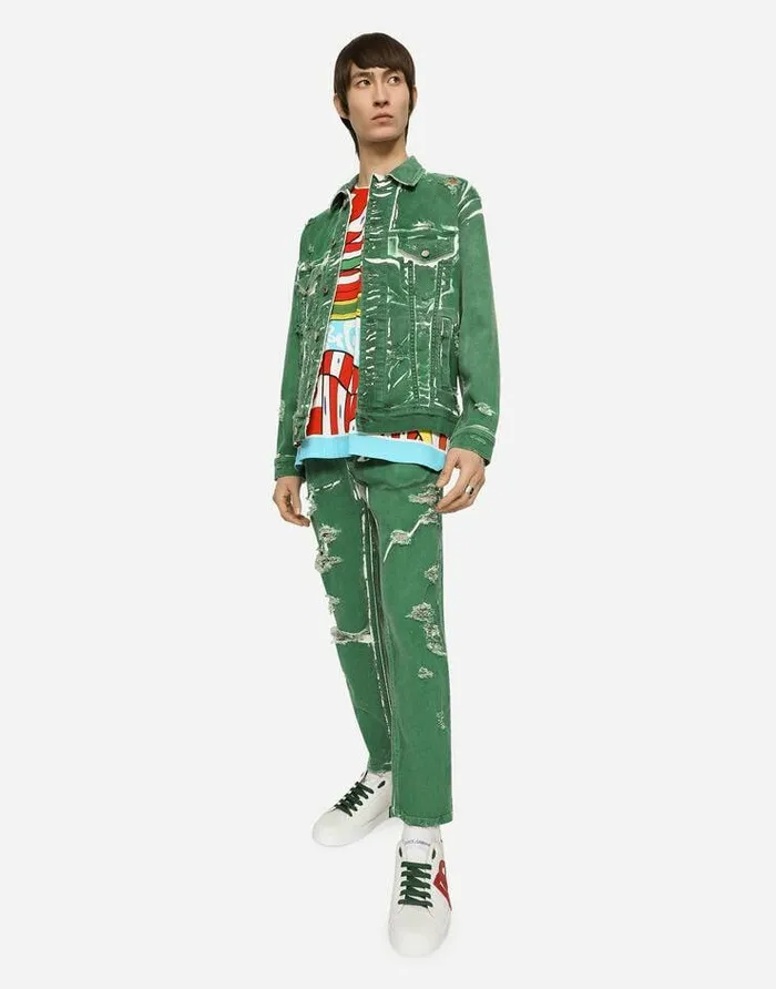 Dolce and Gabbana Denim Men Overdyed Loosefit Stretch Jeans With Abrasions Green Dolce and Gabbana Denim Men Overdyed Loosefit Stretch Jeans With Abrasions Green