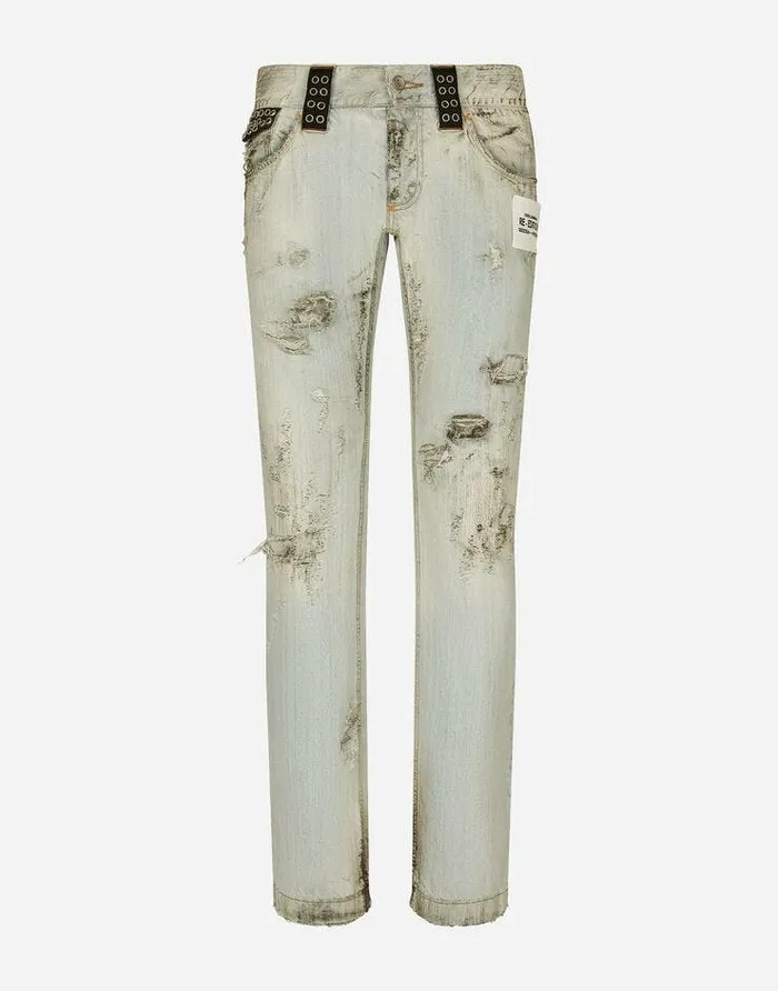 Dolce and Gabbana Denim Men Washed Dirty Denim Jeans With Rips Multicolor