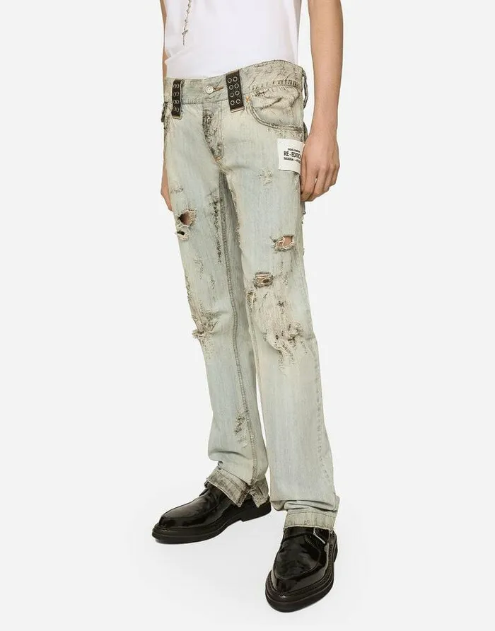 Dolce and Gabbana Denim Men Washed Dirty Denim Jeans With Rips Multicolor Dolce and Gabbana Denim Men Washed Dirty Denim Jeans With Rips Multicolor