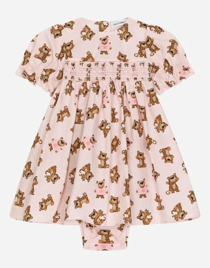 Dolce and Gabbana Dresses Children Poplin Dress With Baby Leopard Print Pink