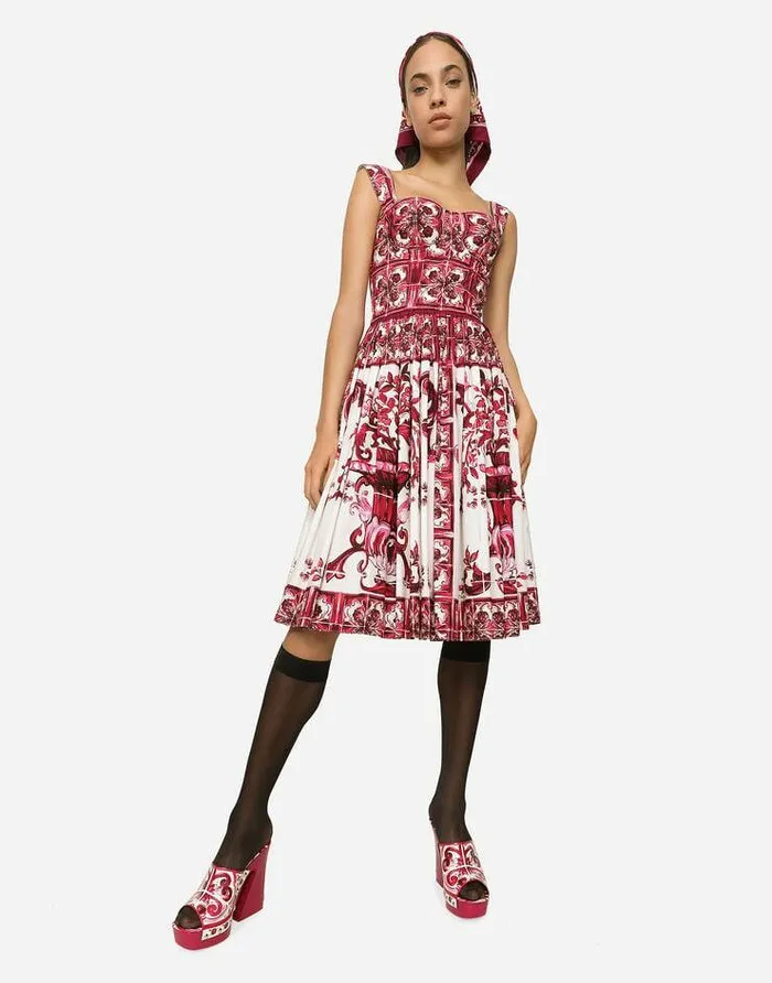 Dolce and Gabbana Dresses Women Bustier Midi Dress In Majolicaprint Poplin Multicolor