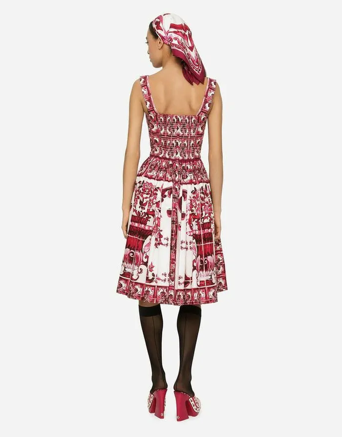 Dolce and Gabbana Dresses Women Bustier Midi Dress In Majolicaprint Poplin Multicolor