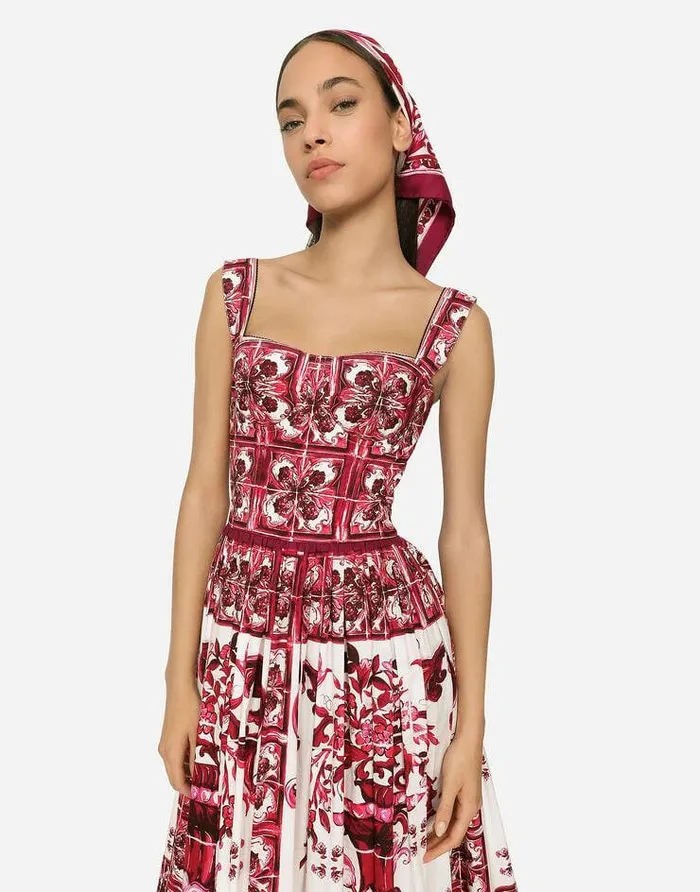 Dolce and Gabbana Dresses Women Bustier Midi Dress In Majolicaprint Poplin Multicolor