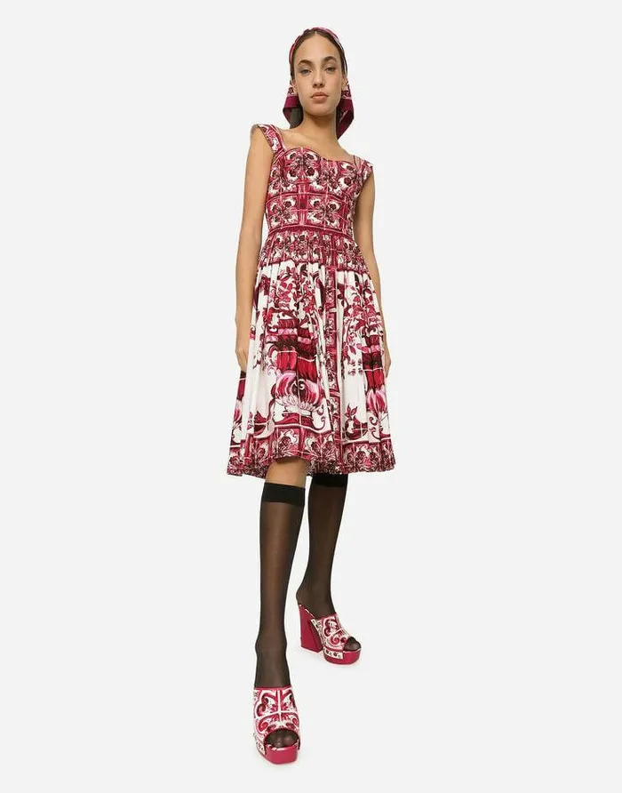 Dolce and Gabbana Dresses Women Bustier Midi Dress In Majolicaprint Poplin Multicolor