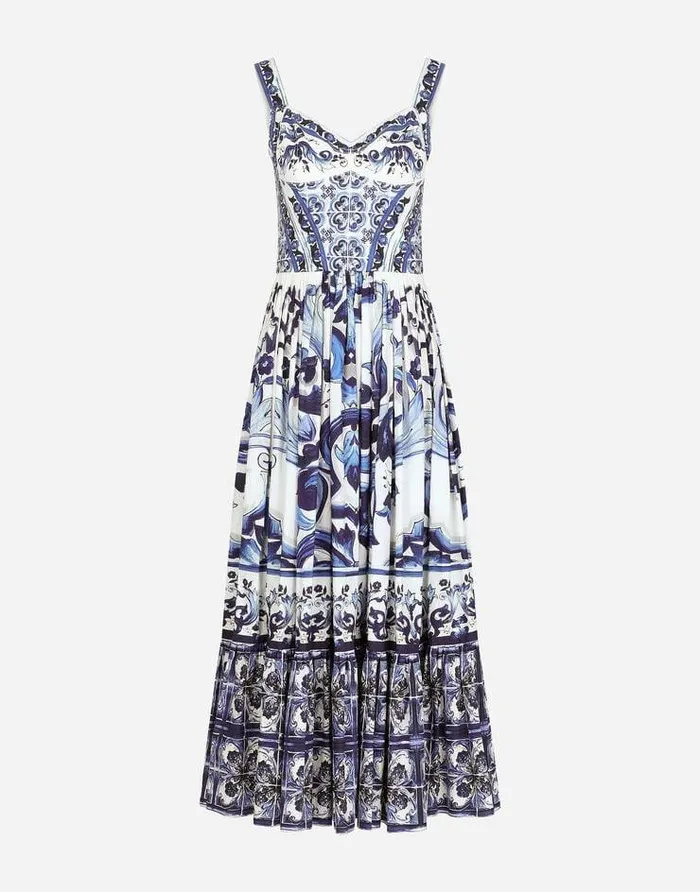 Dolce and Gabbana Dresses Women Calflength Bustier Dress In Majolicaprint Poplin Multicolor Dolce and Gabbana Dresses Women Calflength Bustier Dress In Majolicaprint Poplin Multicolor
