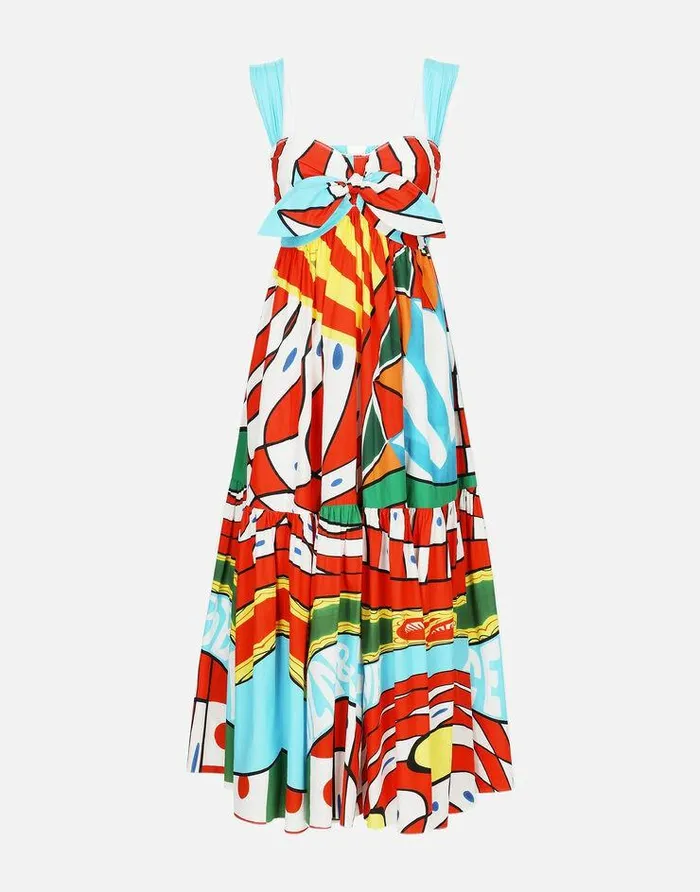 Dolce and Gabbana Dresses Women Carrettoprint Poplin Calflength Dress Azure