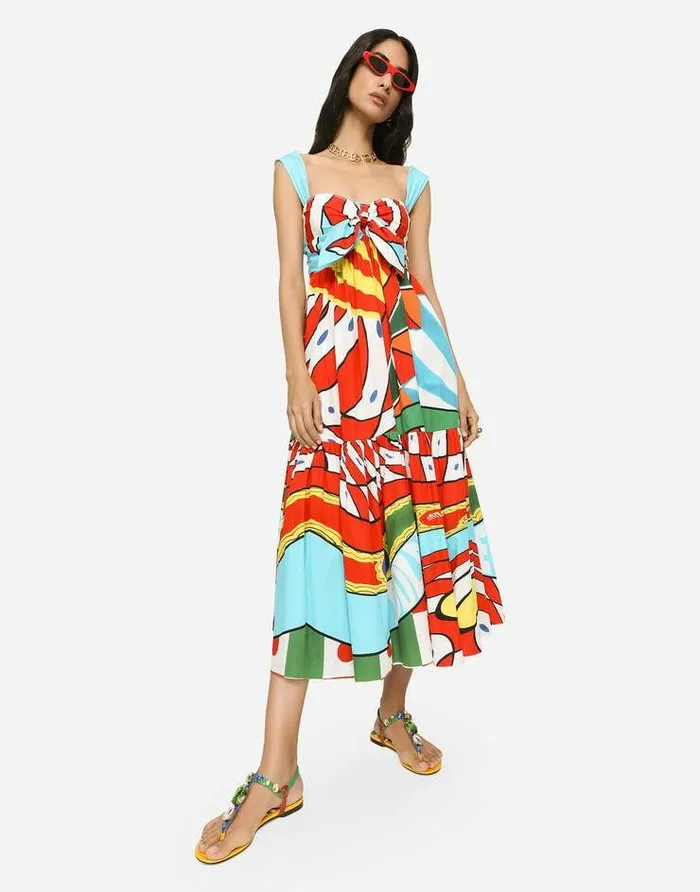 Dolce and Gabbana Dresses Women Carrettoprint Poplin Calflength Dress Azure Dolce and Gabbana Dresses Women Carrettoprint Poplin Calflength Dress Azure